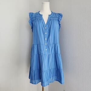 LOFT Blue Gingham Flutter Sleeve Tiered Button Down Summer Dress L